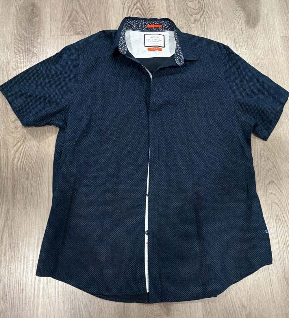 Denim & Flower Short Sleeve Slim Fit Button Down Shirt XL Navy Blue